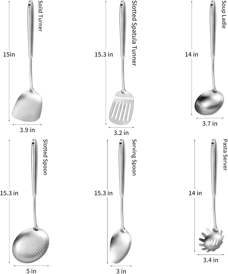 Lazycorner 304 Stainless Steel Cooking Utensils,6 Pcs Kitchen Cooking Utensils Set with Spatula, Solid Spoon, Ladle, Skimmer, Spaghetti Spoon,Dishwasher Safe - Image 2